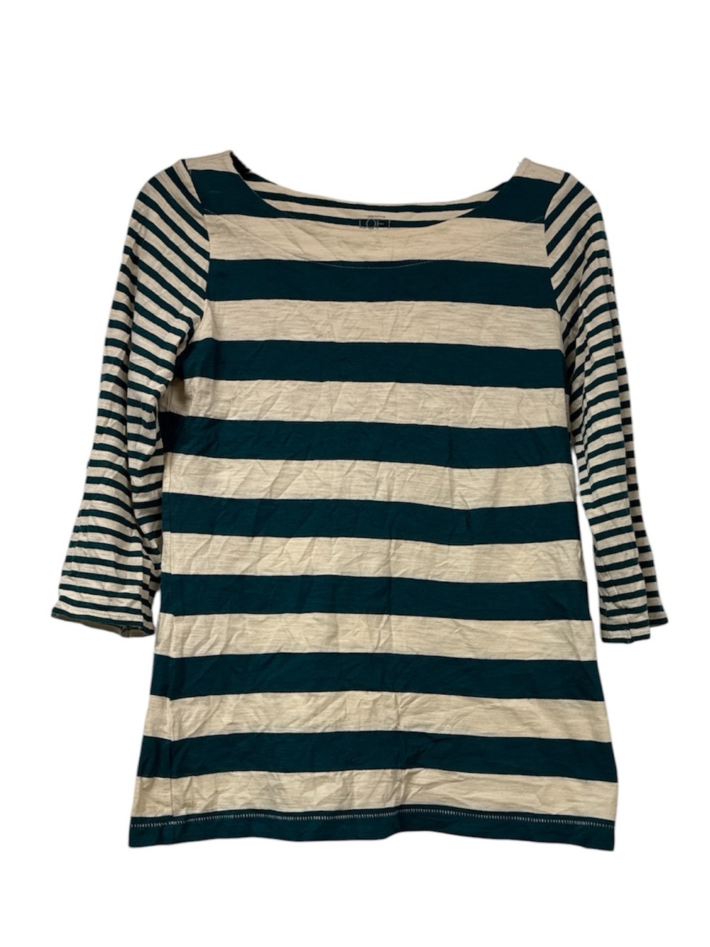 Ann Taylor Striped Boatneck 3/4 Sleeves Tee in Cream and Dark green